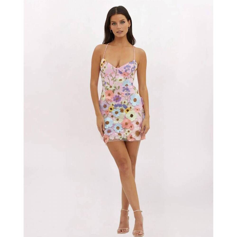 NEW THE VINTAGE SHOP 3d floral mini dress in pink combo
